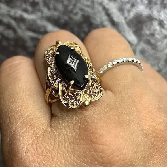 Vintage onyx solid 14kt real gold - Picture 5 of 11